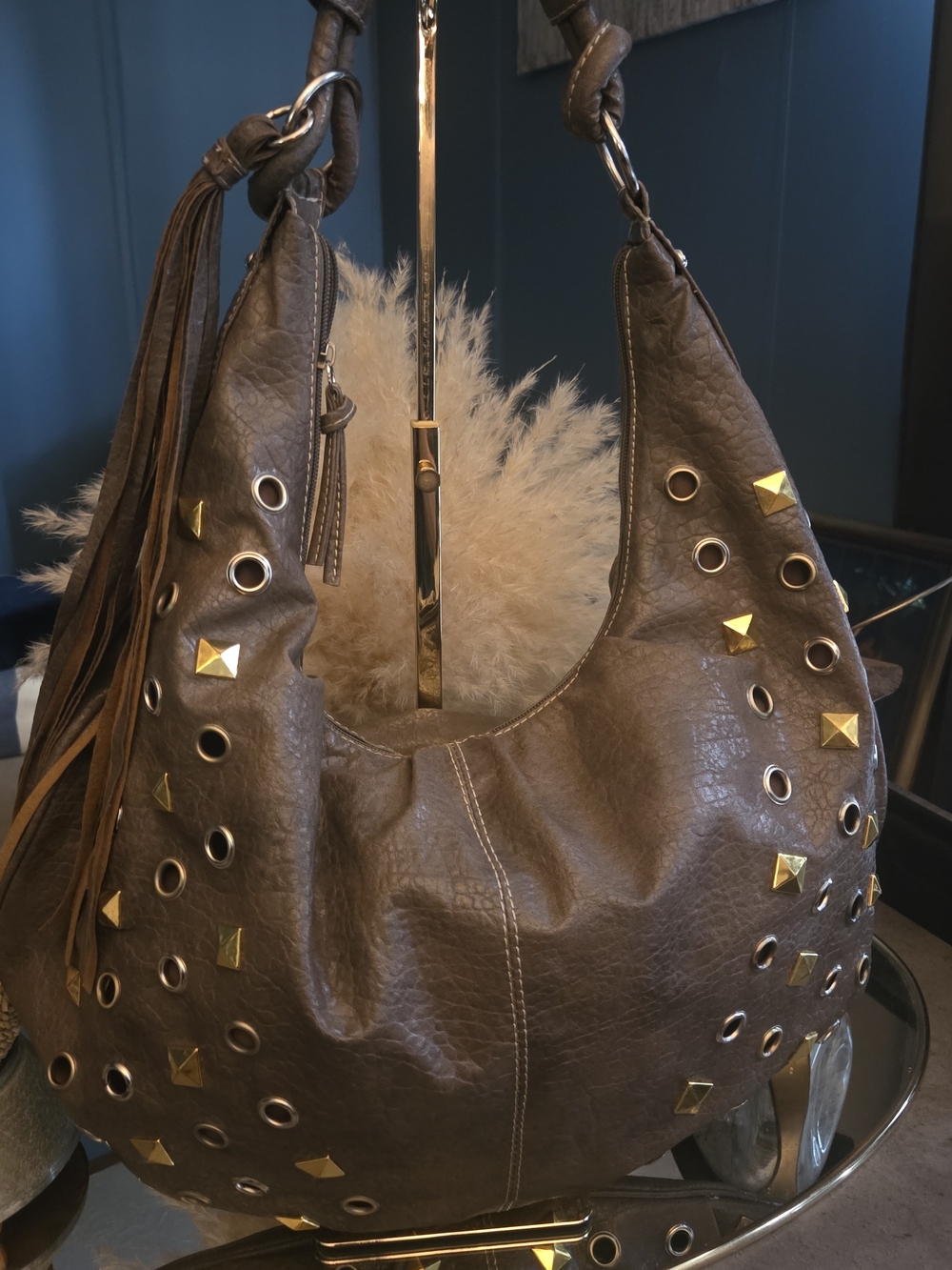 Y2K Brown Studded Grommet Fringe Hobo Bag Boho Rocker